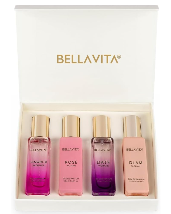 BellaVita Luxury Perfume Gift Set for Women | Includes DATE, Senorita, GLAM, ROSE Perfumes | Floral, Fruity & Savoury Long Lasting Scents | Gift Set for Women | Special Womens Collection (4x20ml)