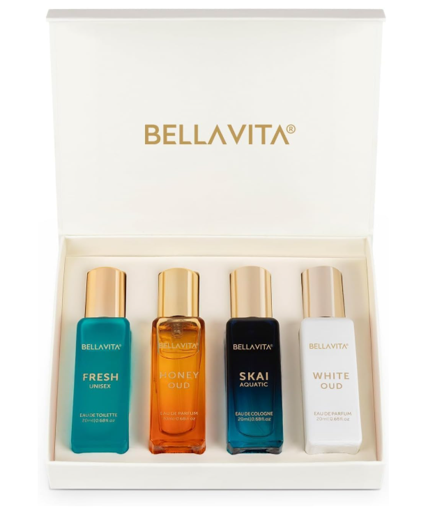 BellaVita Luxury Unisex Perfume Gift Set for Women & Men | Includes Honey OUD, SKAI, FRESH, White OUD, Perfume Set | Long Lasting Perfume Scents | Premium Collection Perfumes (4x20ml)