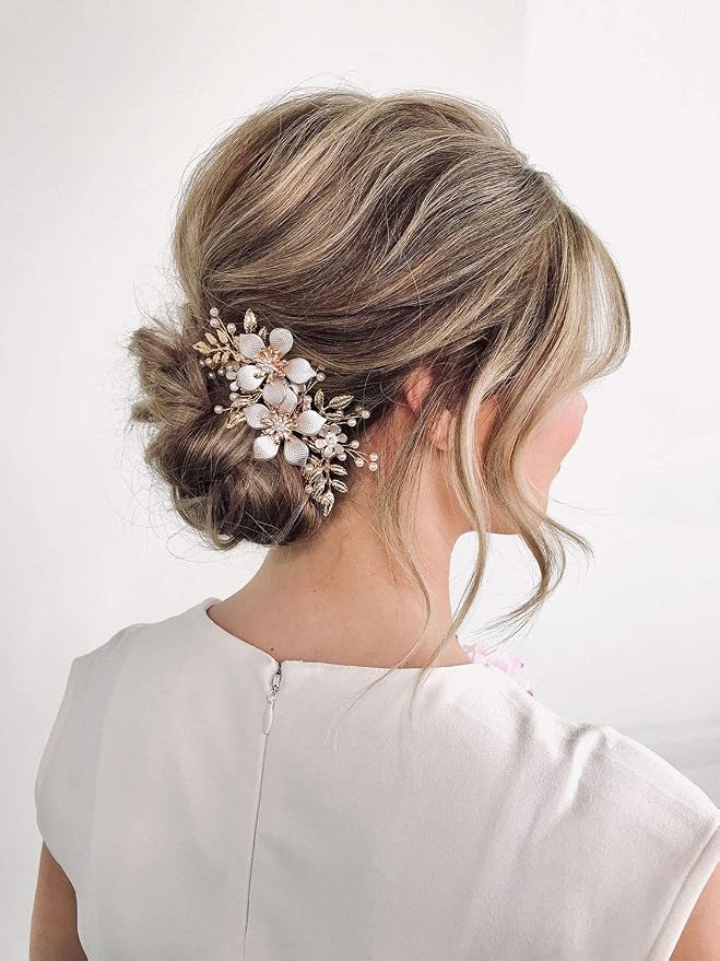SYOSI Wedding Hair Comb Clip, Gold Hair Comb Clip Handmade Bridal Hair Accessories Retro Bridal Hair Clips Gold Hair Accessories for Brides Wedding