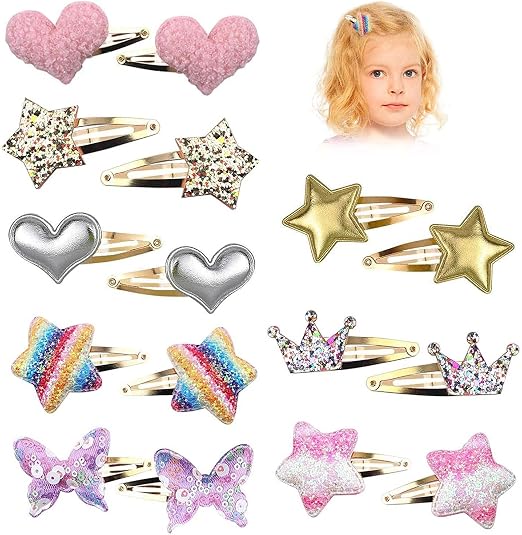 SYOSI Hair Clips for Girls, Star Crown Heart Butterfly Shaped Kids Hair Barrettes, Cute Hair Clips Metal Snap Hair Pins Sparkly Hair Styling Accessories for Girls Kids, 8 Pairs