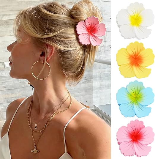 SYOSI 4 Pcs Hawaiian Flower Hair Claw Clips for Women, Frosted Hibiscus Hair Claw Clips for Thick Thin Hair, Strong Hold Nonslip, Banana Clips Hair Accessories for Holiday Beach Gifts，4 Colors