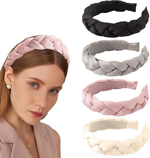 SYOSI Braided Satin Headbands for Women, Twisted Wide Non-Slip Hair Bands, Adjustable Vintage Hair Accessories for Daily Wear, Face Wash, Yoga, Parties, Black White Pink Gray, 4 Pack