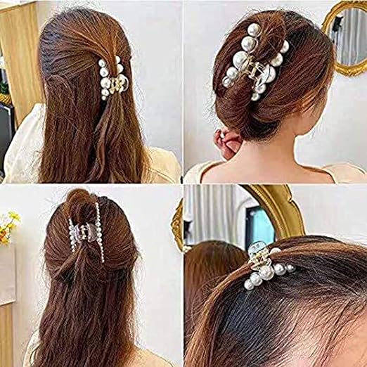 DELFINO Large Pearl Hair Claw Clips White Black Hair Clips Thick Long Hair Jaw Clips Barrettes Hair Accessories for Women and Girls Fashion Hair Accessories, for Gift(5 Pcs)