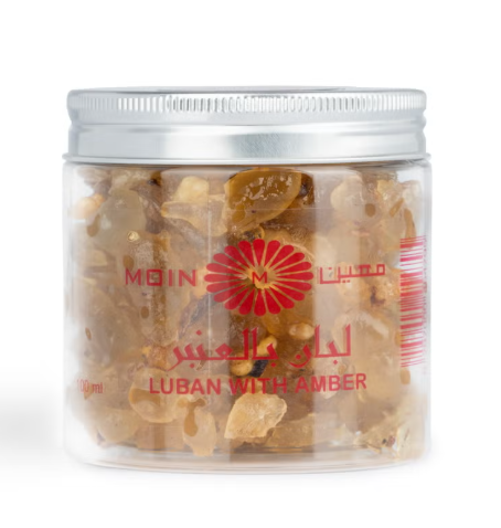 Moin Luban with Amber Bakhoor 100g - Pure Frankincense & Patchouli Blend for Calming Atmosphere, Long-Lasting Fragrance, Ideal for Home, Office, and Special Occasions