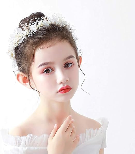 DELFINO Headband Wedding Flower Girls, Rhinestone Pearl Crystal Beads Fairy Gold Vine Hair Accessories for Little Girl Princess Halo Tiara