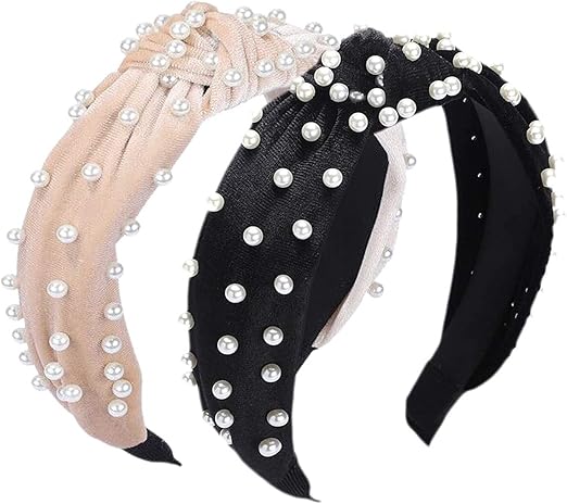 DELFINO 2PCS Headbands for Women, Bow Knotted Wide Headband, Yoga Hair Band Fashion Elastic Hair Accessories for Women and Girls - Comfort No Hurting (Black pearl, Beige pearl)