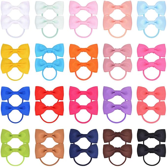 DELFINO Baby Girls Hair Bows Ties Mini Boutique Elastic Hair Rubber Ribbon Hair Band Accessories for Kids Toddlers Infants 40PCS 2 Inches