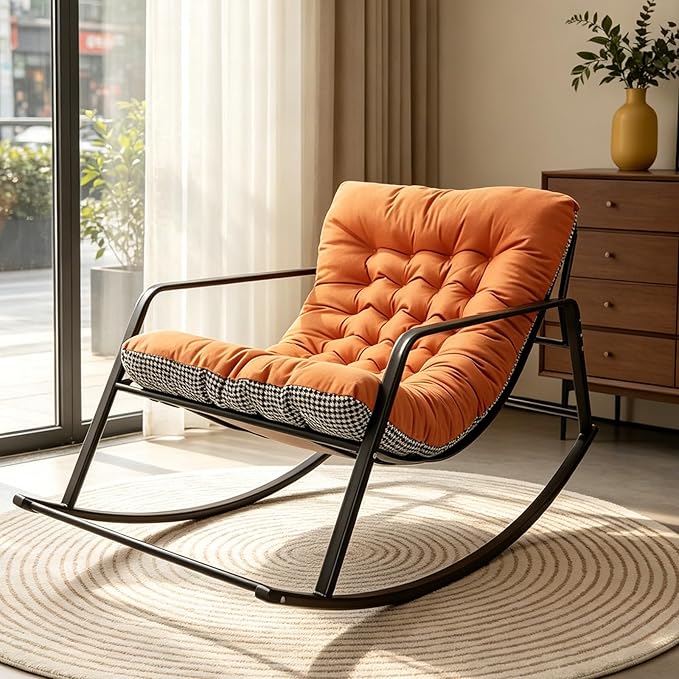 Outdoor Patio Rocking Chair, Comfy Indoor and Outdoor Lounge Chair with Thick Cushion, Oversize Indoor Reading Chair, Modern Lounge Chair for Front Porch, Balcony, Garden, Lawn, Living Room Orange