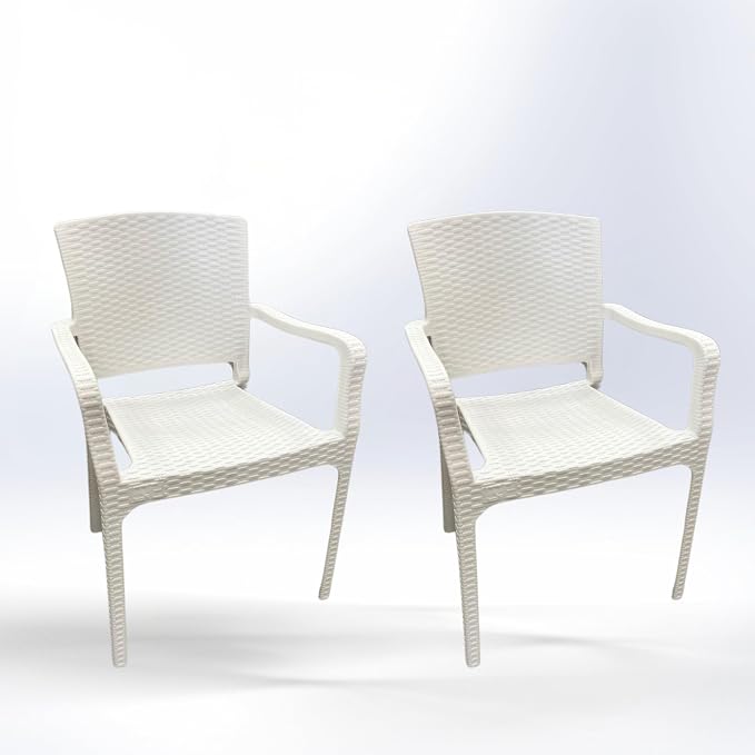 Marcolo Plastic Chair with Arms – Timeless Rattan Design, Durable & Weather-Resistant – Ideal for Indoor & Outdoor Use (Set of Two, White)