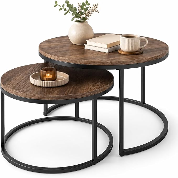 SKY-TOUCH Round Coffee Table Set of 2, Multi-functional Side Table Nesting Table with Steel Frame and Wooden Top, for Living Room, Bedroom, Balcony, Dark Walnut, Easy Assembly, 80x45cm & 60x35cm