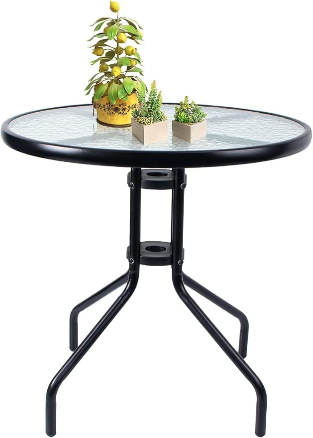 SKY-TOUCH Patio Round coffee Table,Outdoor Side Table,Balcony Table,with Glass Table Top Metal Coffee Table for Patio Coffee Tables,Black,60 * 60 * 70cm (with installation accessories)