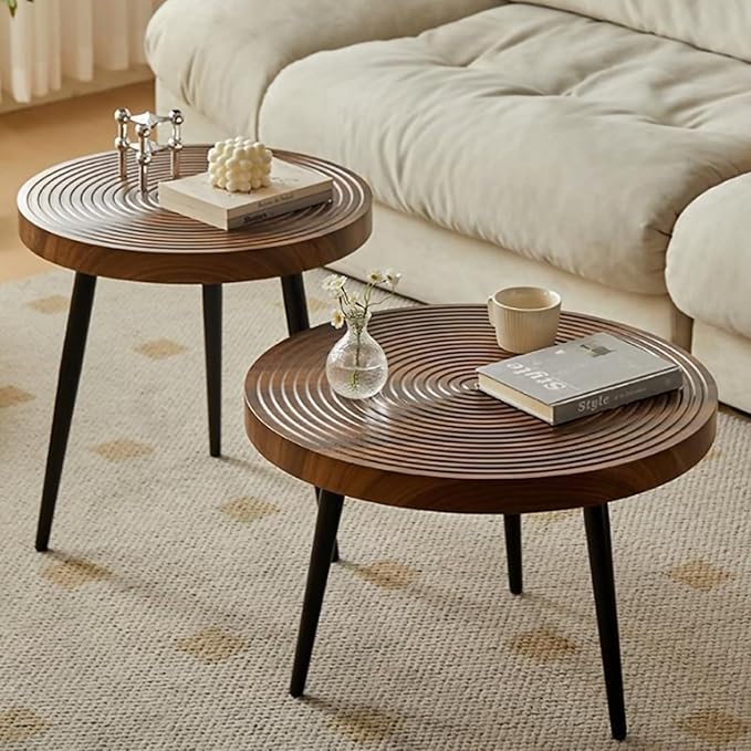DAYONG Round Coffee Table Set of 2, Modern Circle Natural Wood Finsh Side and End Table Sets for Living Room, Sturdy and Easy Assembly
