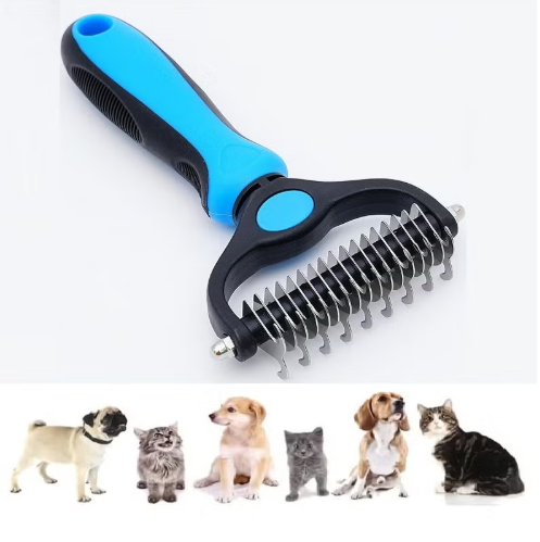 MunKan Pet Grooming Brush - Double Sided Shedding and Dematting Undercoat Rake Comb for Dogs and Cats, Extra Wide for Long Haired ( Blue )