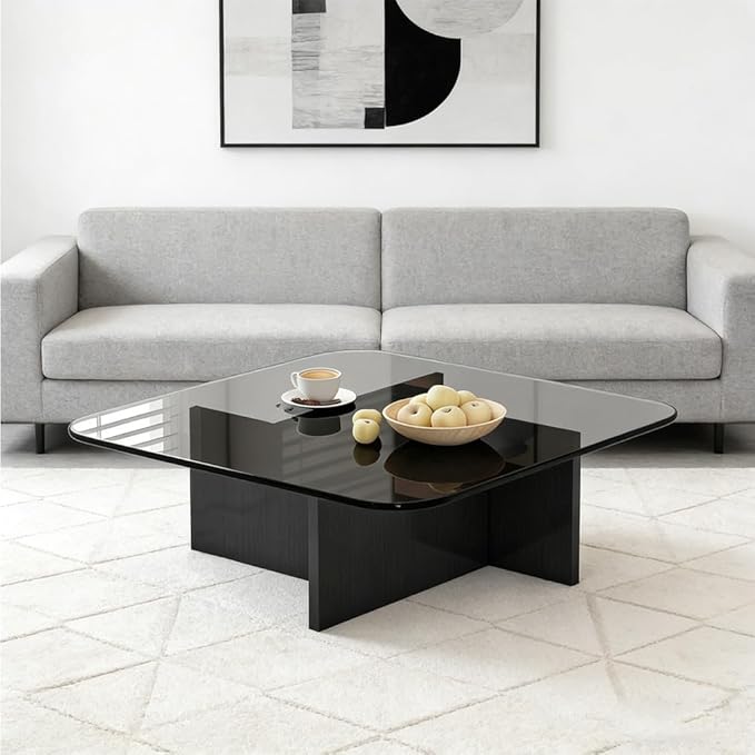 Beauenty Modern Coffee Table, Glass Coffee Table with Wooden Base, End Side Table Tea Table Coffee Desk for Living Room, Office (Black)