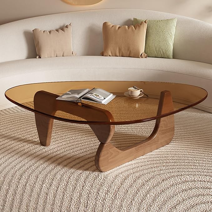 Beauenty Triangle Coffee Table in Walnut Mid Century Modern Solid Wood Base and Triangle Clear Glass Coffee Table for Living Room Low Minimalist Tea Table Coffee Tables (Walnut/Brown)