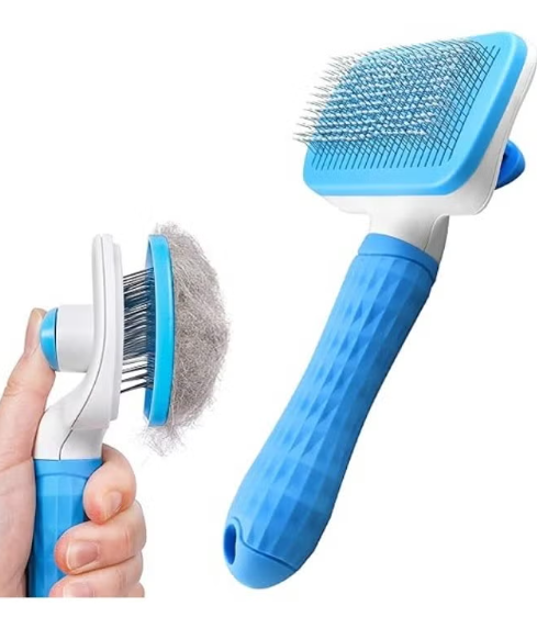 MunKan Pet Grooming Brush Cats Dogs Brushes to Remove Tangles Dead Undercoat and Dirt Pet Grooming Tool with Cleaning Button for Cat Dog Shedding Brush for Long or Short Haired ( Blue )