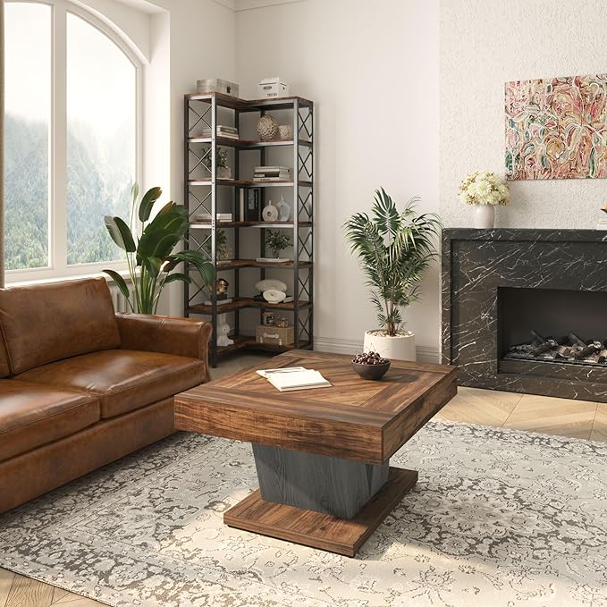 Tribesigns 80cm Coffee Table, Wood Center Table for Living Room, Square Modern Cocktail Tea Accent Table, Rustic Brown & Black