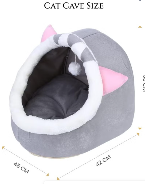 Homify Cave Cat Bed with Hanging Toy, 45*42*38CM Cat Bed Large, Soft Plush Pet Bed with Removable Cotton Cushion, Machine Washable Cat House with Anti-Slip Bottom