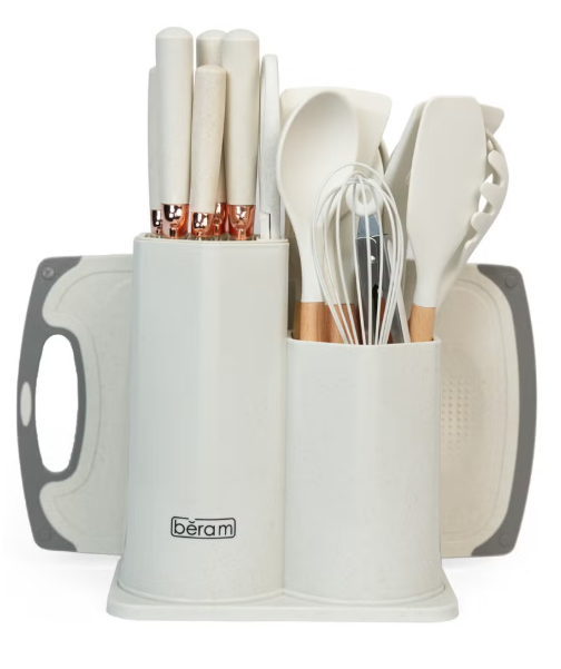 Beram 19-Piece Kitchen Utensil and Silicone Knife Set with Wooden Handles - Beige/Gray