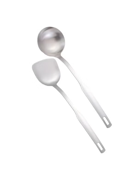 BERAM 2 Piece Flat Handle Kitchen Tool Set Premium Elegant Ergonomic Stainless Steel Ladle and Spatula with Modern Design Sleek Comfortable Easy to Clean Cooking Essentials