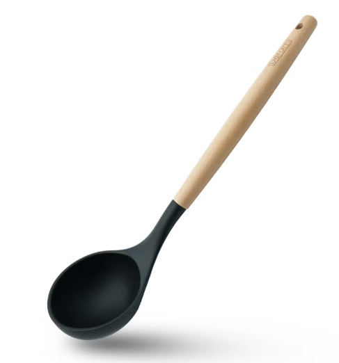 Beram Silicone Soup Ladle Cooking Utensil Set with Wooden Handles Heat Resistant BPA Free Non-Stick Kitchen Tools for Cooking Baking Mixing Stirring Serving Frying Grilling – Black (Single Soup Ladle)