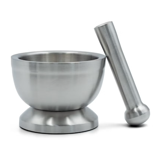 BERAM Pestle and Mortar Set Manual Grinder with Lid Premium Stainless Steel Mixing Bowl for Garlic Spices Herbs Durable Sturdy and Long Lasting with Easy Cleaning (12 CM)