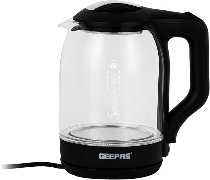 Geepas Geepas-Electric Glass Kettle, Cord Storage, Glass Body Clear Water Label Gauge,Safe & Convenient, automatic Shut-Off Function & Boil Dry Protection, black/Clear, 1.8 L, GK9901N