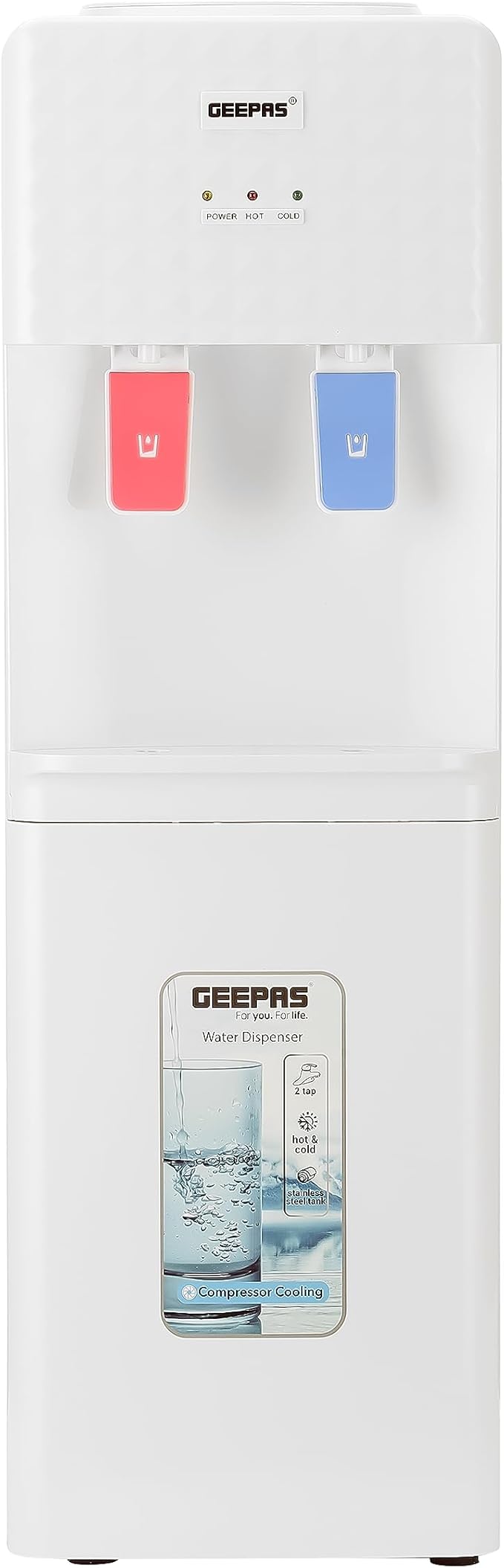 Geepas Water Dispenser- Hot and Cold Function, Compressor Cooling, Fast Cooling 2 Taps Temperature: 5-10 Degrees Celsius; 85-95 Celsius White GWD8326