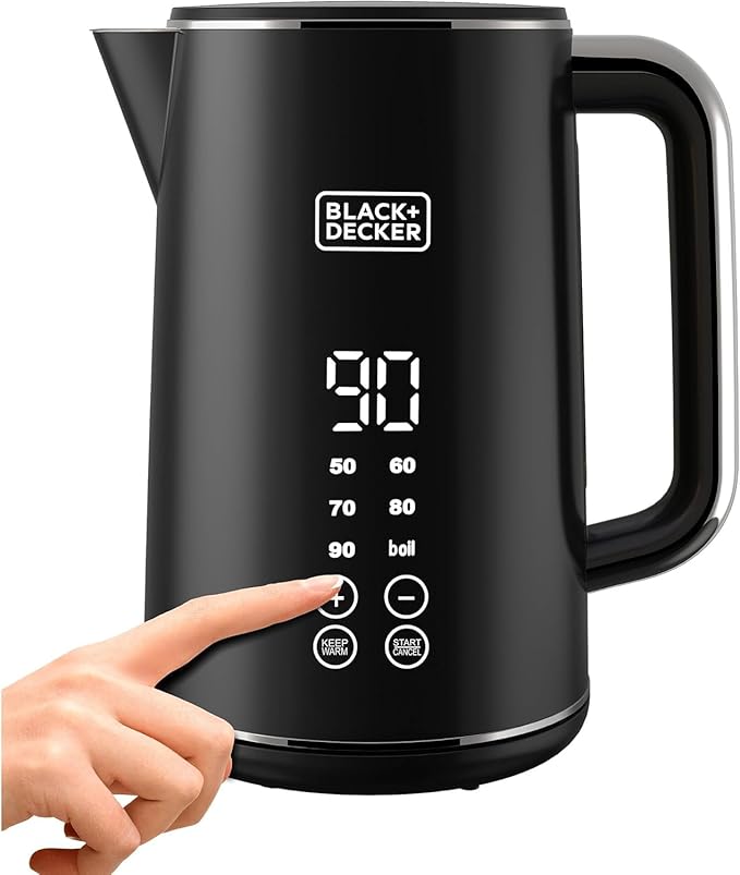 BLACK+DECKER Digital Kettle, 2200W, 1.7L, Touch Screen, Double Wall Design, 6 Preset Temps, 30-Min Keep Warm, LED Display, Auto Shut-Off, Boil-Dry Protection, Cool-Touch Exterior, Black - JCD200-B5