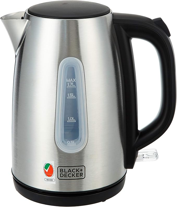 BLACK+DECKER Cordless Electric Kettle, 2200W Power, 1.7L, with Water-Level Indicator, Removable Filter & Auto Shut-Off, Stainless Steel Body, Perfect for Beverages, JC450-B5