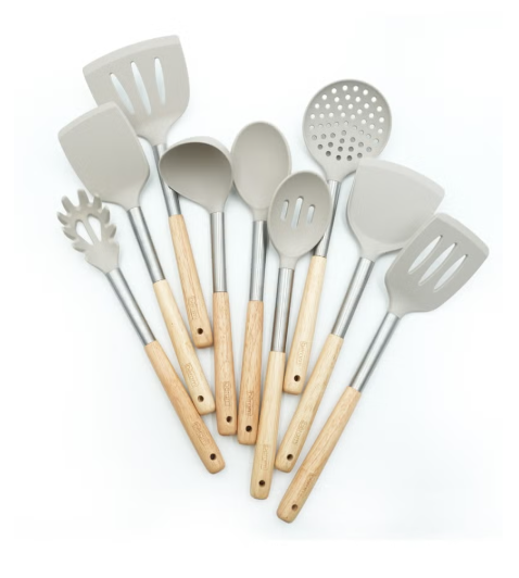 Beram 9Pcs Silicone Kitchen Utensil Set Heat-Resistant Cooking Tools with Stainless Steel & Wooden Handles BPA-Free, Non-Stick Safe for cooking baking & more.(BEIJE) (Set of 9)