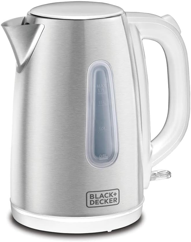 BLACK+DECKER Cordless Electric Kettle, 2200W, 1.7L Stainless Steel Body, Water-Level Indicator, Removable Filter, Auto Shut-Off, Ideal for Warm Beverages, Safe & Durable Design – Silver, JC454-B5
