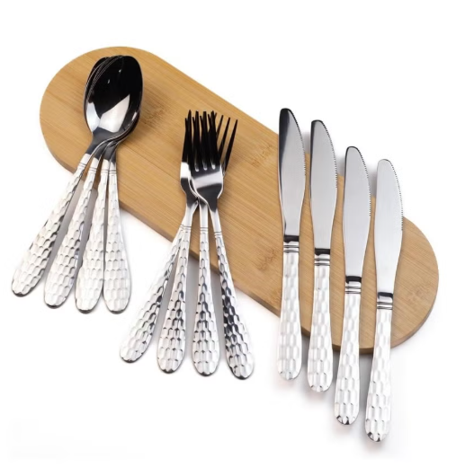 BERAM Silver Trio Cutlery Set, Stainless Steel Set, Silverware Flatware Dinnerware Set, Engraved Handles, Kitchen Utensils Set, Tableware Set For Home, Restaurants, Hotels, and More (12)