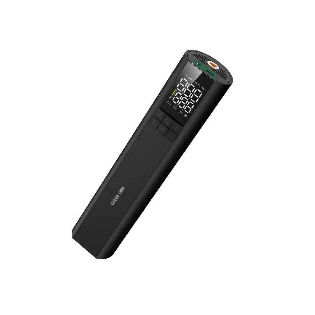 منفاخ إطارات أخضر Lion GL - A3، ضاغط هواء محمول 150 رطل لكل بوصة مربعة، مضخة هواء قابلة للشحن 4000 مللي أمبير في الساعة، شاشة رقمية، 5 أوضاع محددة مسبقًا، شحن سريع USB - C، مصباح LED – أسود
