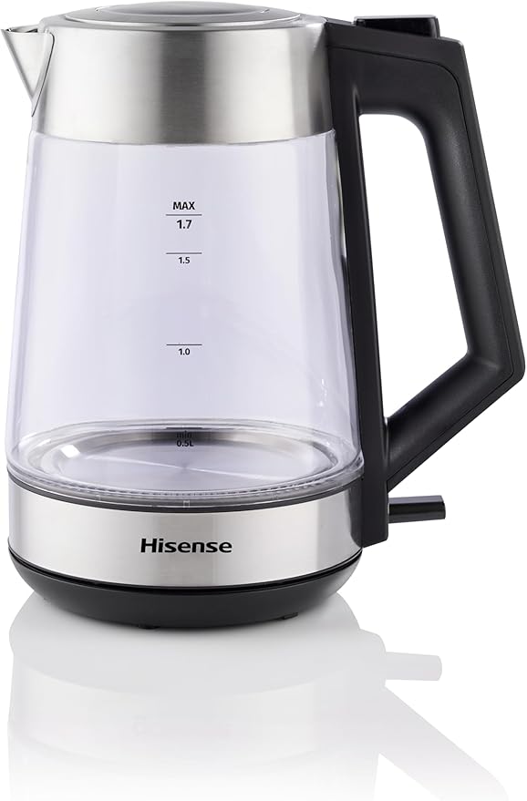 Hisense HK170GS Glass Electric Kettle 1.7L, 1850–2200W Fast Boil, 360° Cordless Base, Auto Shut-Off, Boil-Dry Protection