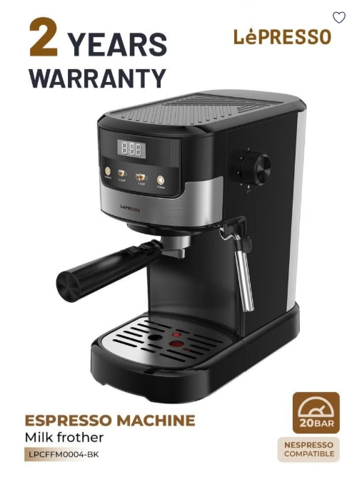 Suprema Espresso Coffee Machine with Milk Frother and Touch Display 1.2L Water Tank / 1100W Coffee Maker / Washable Drip Tray / Nespresso Compatible / 20 Bar Pressure / Milk Steamer - Black