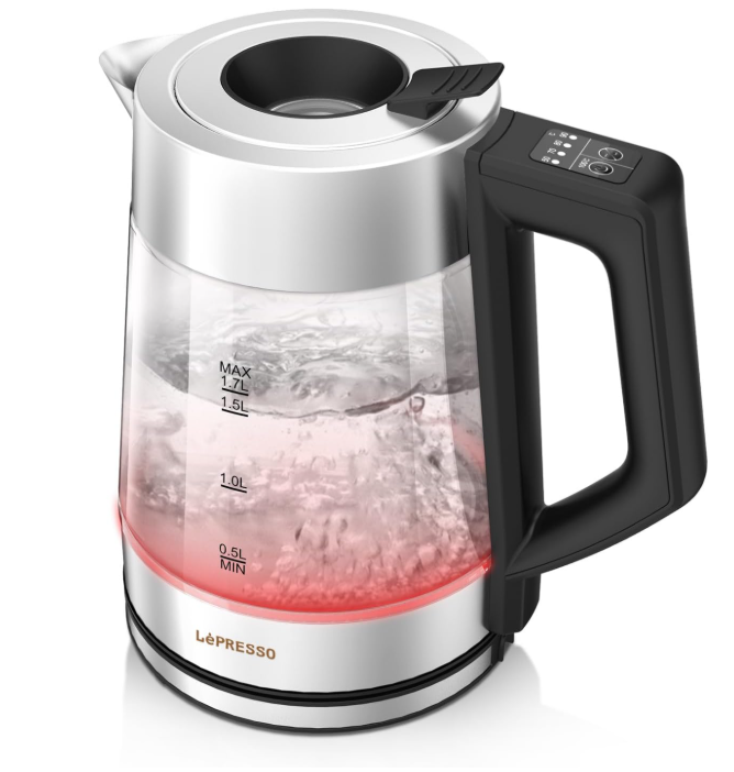 LePresso Electric Kettle with Temperature Control, 1.8L Large Capacity with Auto Shut-Off and Boil-Dry Protection, Glass Tea Kettle & Hot Water Boiler, 360° Swivel Base, BPA Free, Stainless Steel