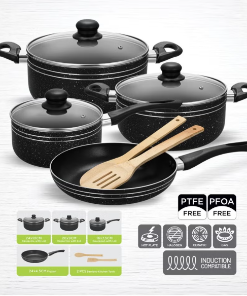 Royalford Ritz 9-Piece Non-Stick Cookware Set- Aluminum Body With 3-Layer Construction Cd Bottom Bakelite Handles And Glass Lid Black