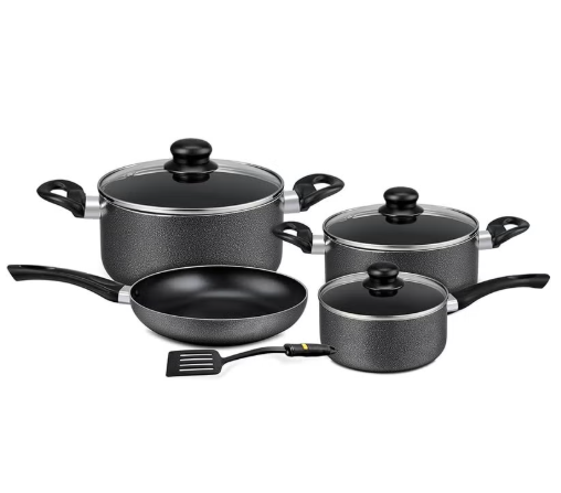 8 Pieces Non-Stick Cookware Set Cd Bottom 2.5Mm Thichness Heat Resistant Exterior Strong Aluminium Body Easy Grip Bakelite Handle Durable Interior Pfoa Free Black