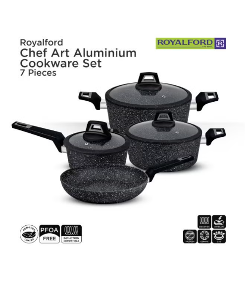 7 Pieces Black Chefart Aluminium Cookware Set Granite Coated Induction Bottom 2.5Mm Body Thickness Soft Touch Handles Tempered Glass Lid 54X20X33Cm Multicolor Multicolor