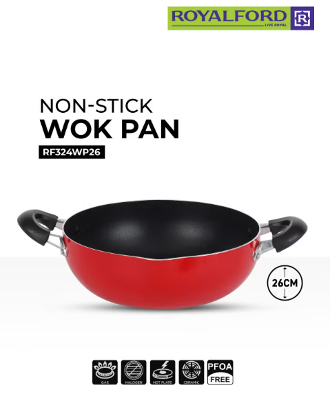 Kadai Wok Pan 26 CM – Induction Safe Non-Stick Granite Coated Frypan with Heat-Resistant Handles, Durable Cookware Casserole Pan for Frying, Sautéing & Cooking Red 26 CMcm