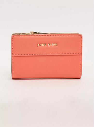 Anne Klein Color Block Wallet with Zipper - Coral