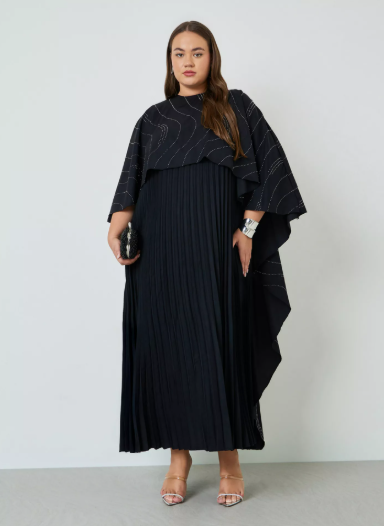Styli Plus Size Cape Sleeve Pleated Maxi Dress - Black - 20