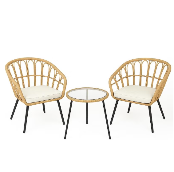 Harmony Home 3-Piece Off-White Rattan Patio Bistro Set – 2 Chairs + Glass Table for Balcony, Garden & Villa Outdoor Seating