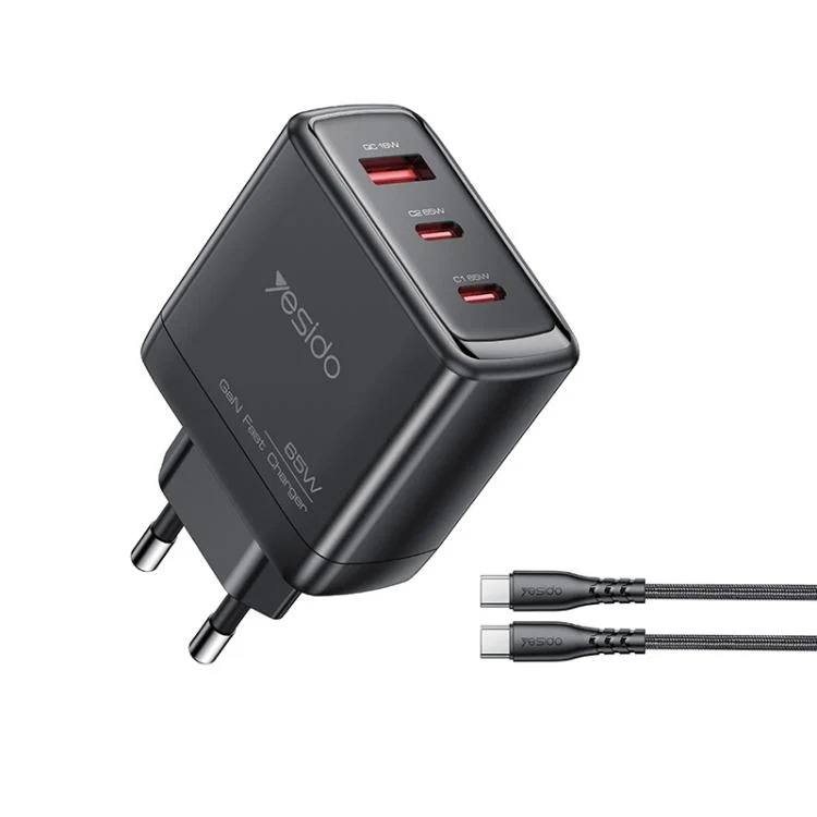Yesido YC144C 65W Three-port Fast Charger with 1m Type-C Cable, Plug:EU Plug(Black)