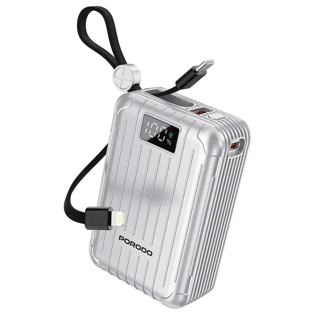 Porodo Petite 20000mAh Power Bank with Integrated Type-C & Lightning Cable - Silver