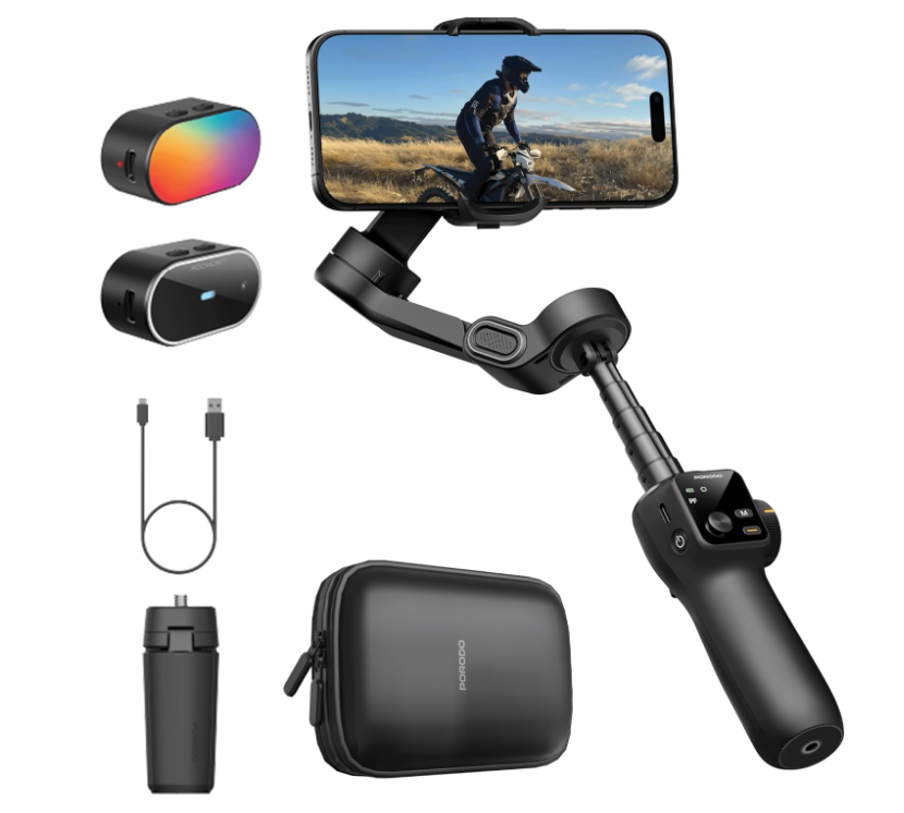 Porodo VELOCAM 3-Axis Gimbal Stabilizer for iPhone & Android, Smart Face Tracking, Zoom & Focus Control Wheel, Up to 10H Battery