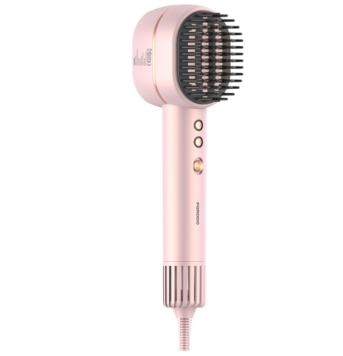 Porodo 2-in-1 Hair Dryer & Straightener Brush with Smart Temperature Control, 3×Wind Speed Levels, 1400W High-Speed Motor, Magnetic Nozzle, Quick Heat-Up & Fast Drying, Ideal Gift for Women – Pink