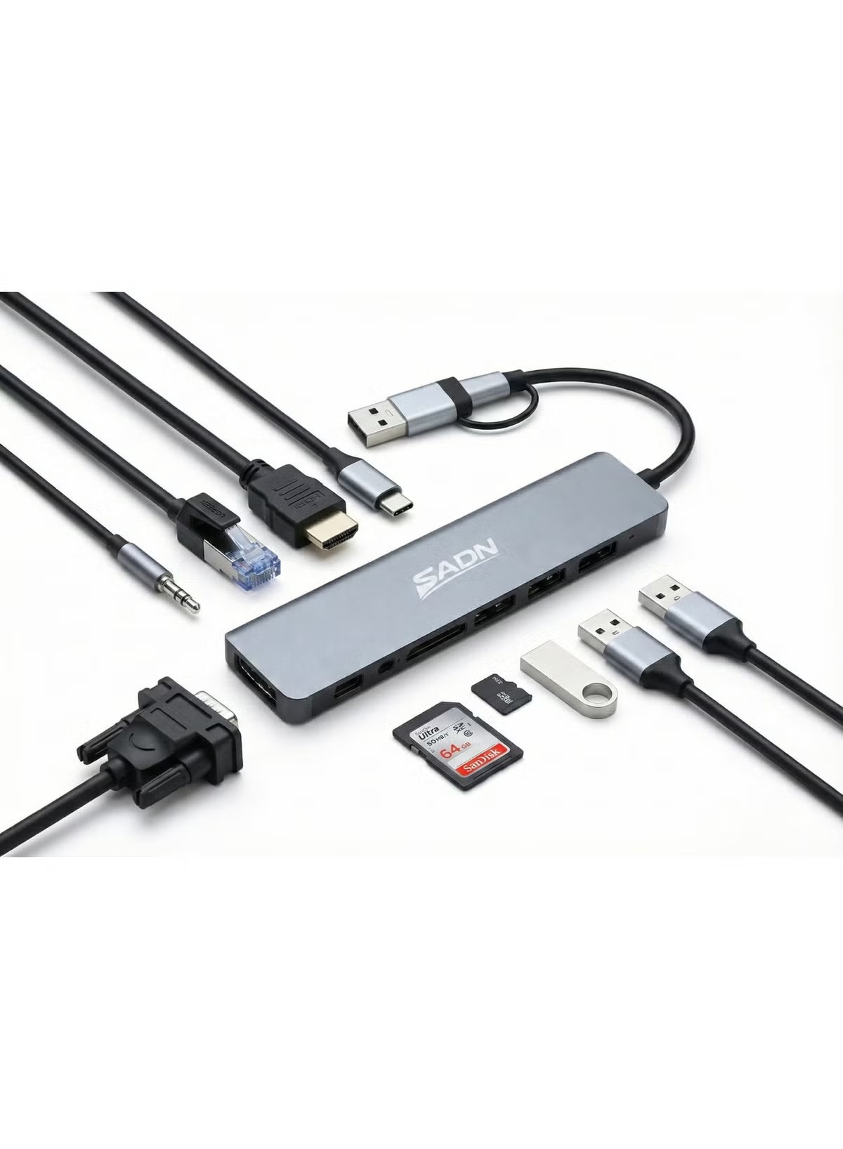 SADN 8-in-1 USB-C Hub Docking Station with Dual USB-C & USB-A Connector, 4K HDMI, VGA, Gigabit Ethernet, 2 USB 3.0 Ports, SD/TF Card Reader, 100W PD Charging, Aluminum, Gray