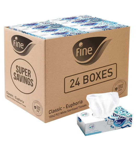Fine® Classic Euphoria Facial Tissue 150 Sheets X 2 Ply, Bundle Of 24. Fine Variety Sterilized Tissues For Germ Protection